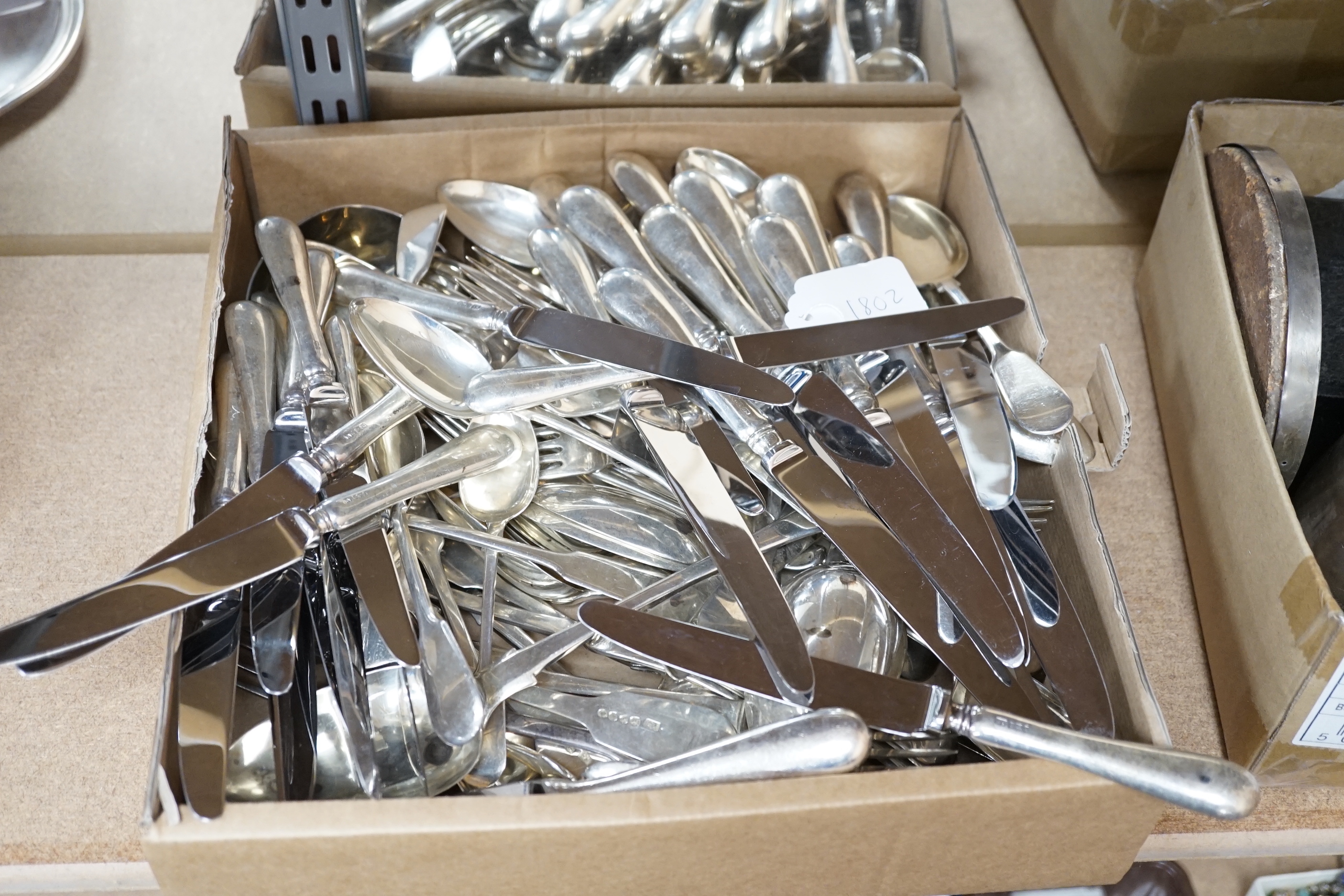 A harlequin part canteen of mainly 19th century silver fiddle pattern flatware, various dates and makers including set of six tablespoons by Aldwinckle & Slater London 1883, one other set by Henry Holland, London, 1861 a